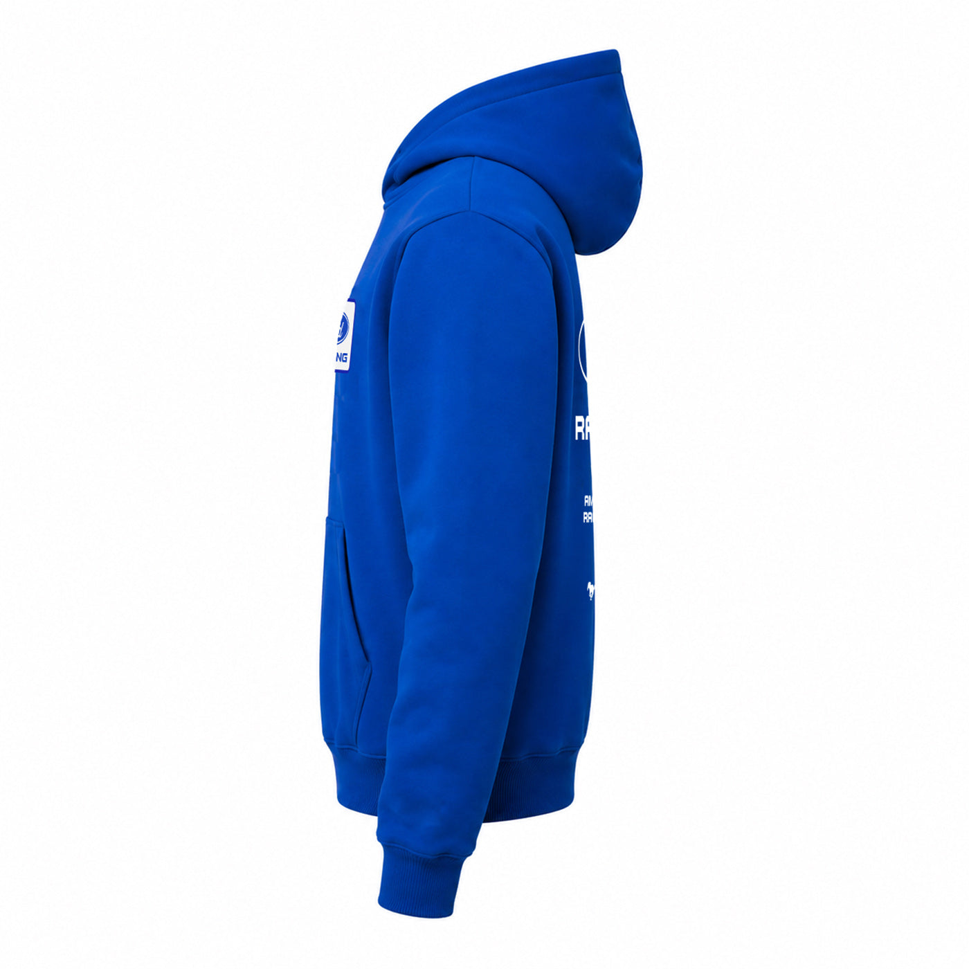 A royal blue pullover hoodie shown from the side profile against a solid white background, featuring white printed graphics on the sleeve and chest.