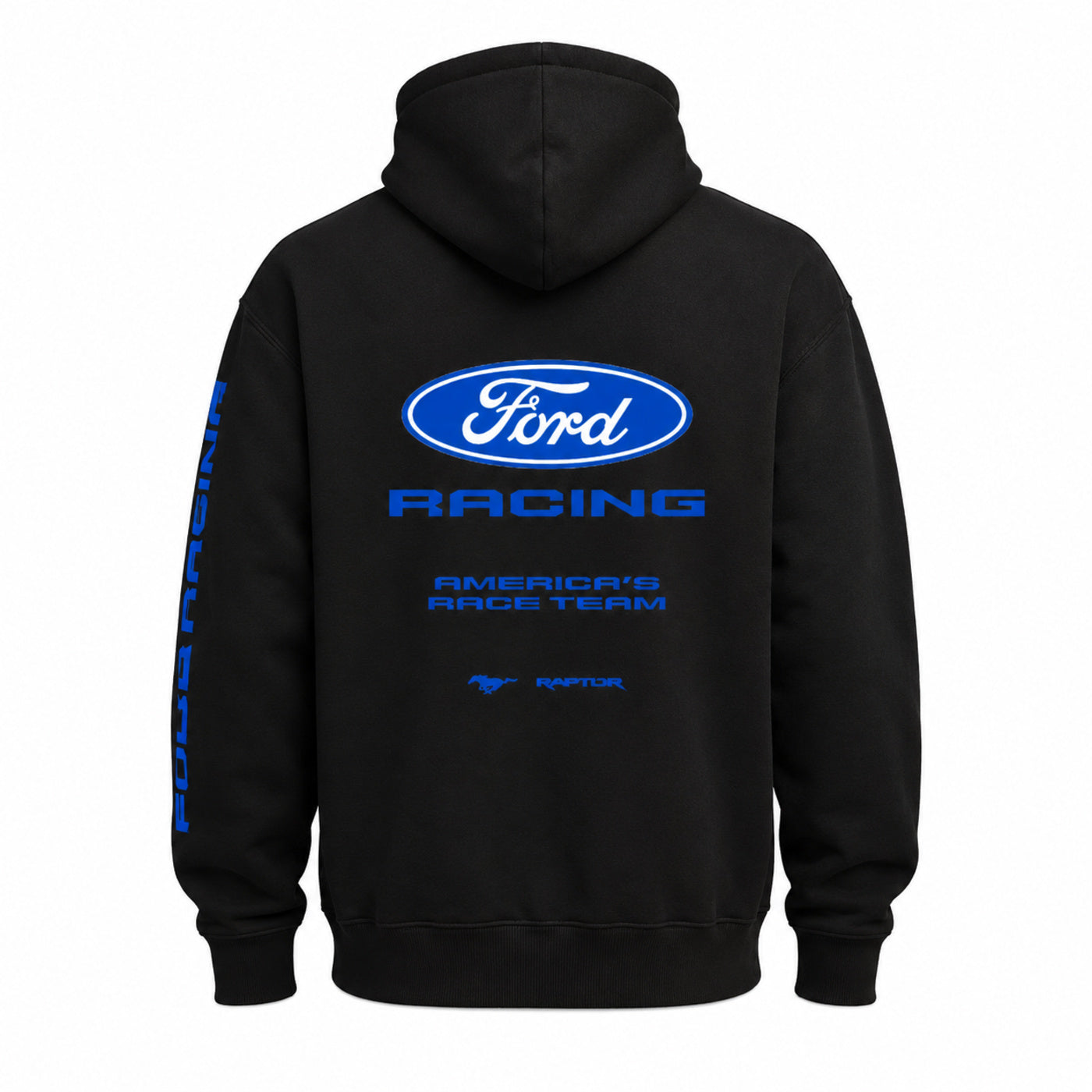 Black pullover hoodie shown from the back, featuring a large blue Ford Racing logo and text on the back, with additional blue text down the left sleeve.