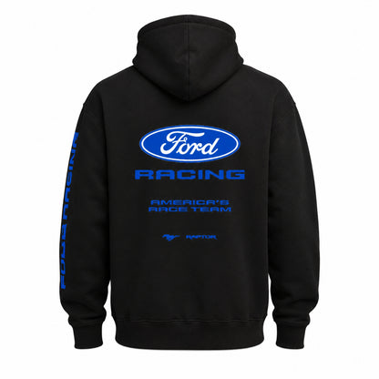 Black pullover hoodie shown from the back, featuring a large blue Ford Racing logo and text on the back, with additional blue text down the left sleeve.
