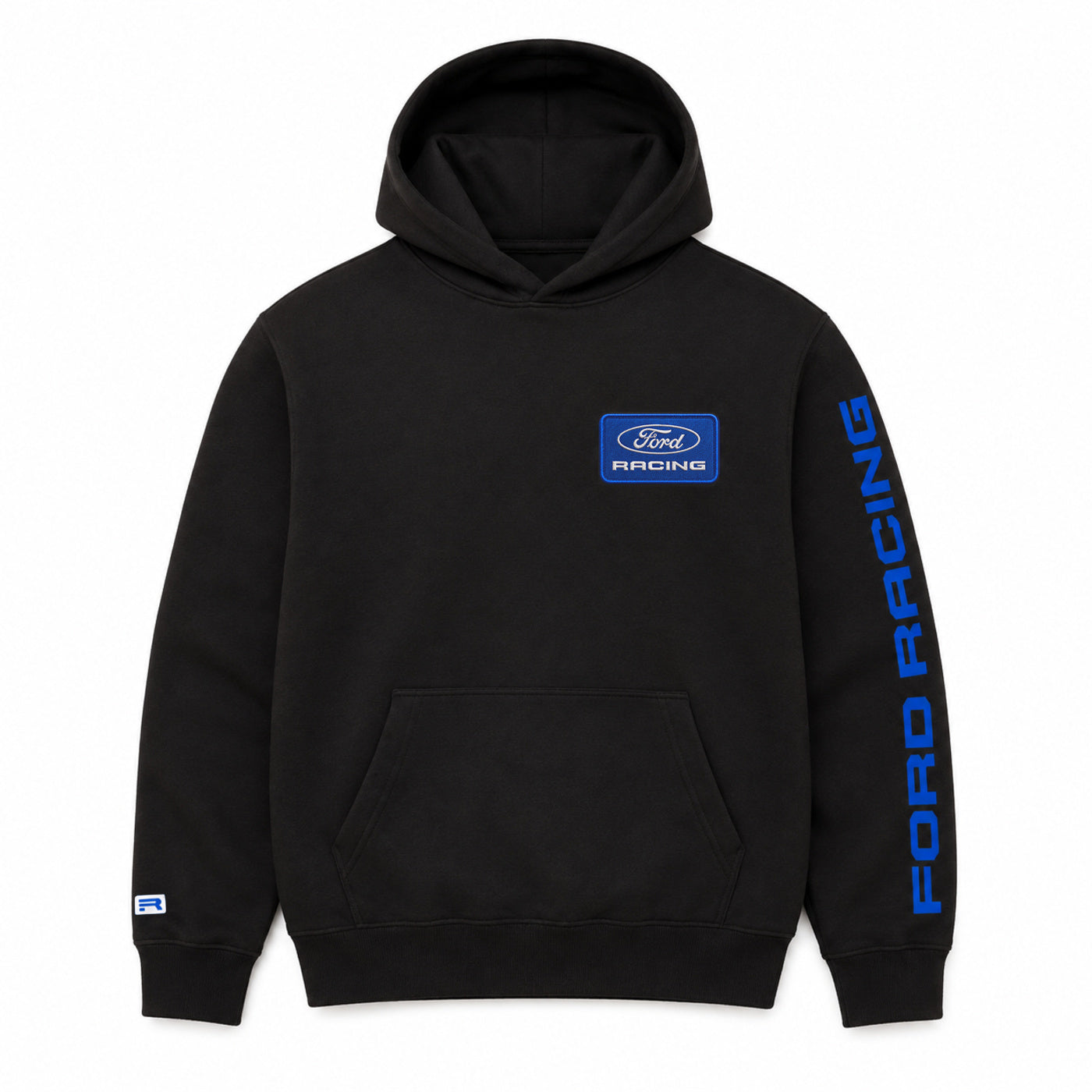 A black pullover hoodie featuring a blue Ford Racing logo patch on the left chest and 'FORD RACING' printed vertically in blue on the right sleeve, shown against a plain white background.