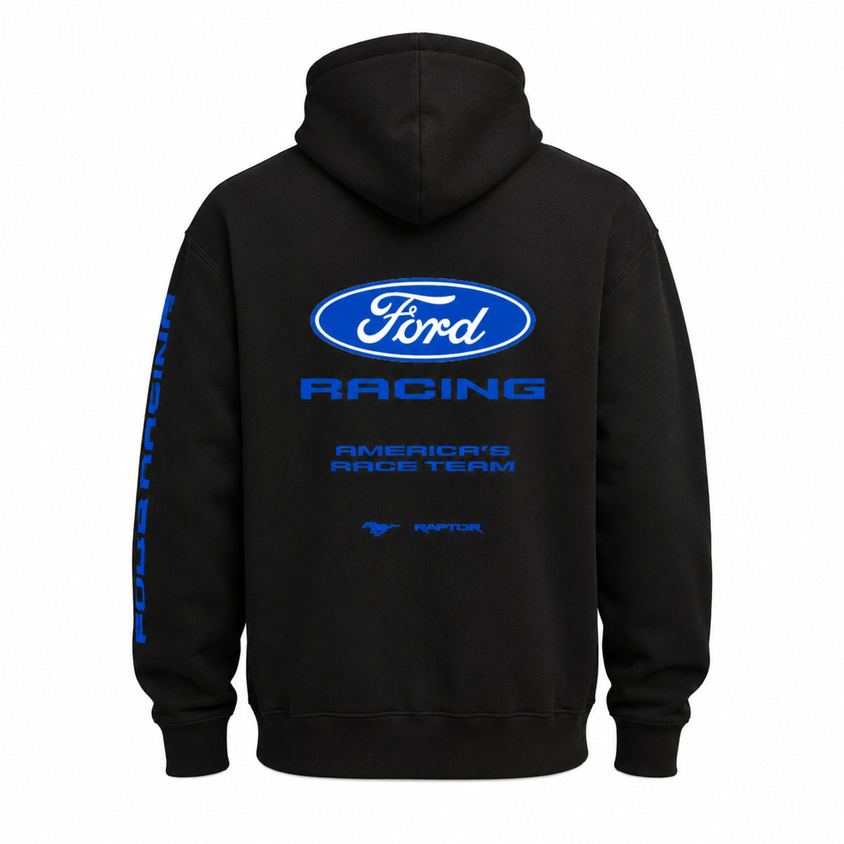 Black pullover hoodie shown from the back, featuring a large blue Ford Racing logo and text on the back, with additional blue text down the left sleeve.