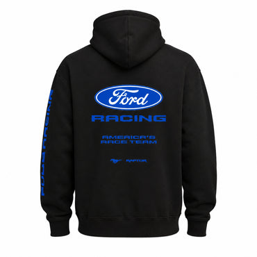 Black pullover hoodie shown from the back, featuring a large blue Ford Racing logo and text on the back, with additional blue text down the left sleeve.