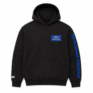 A black pullover hoodie featuring a blue Ford Racing logo patch on the left chest and 'FORD RACING' printed vertically in blue on the right sleeve, shown against a plain white background.