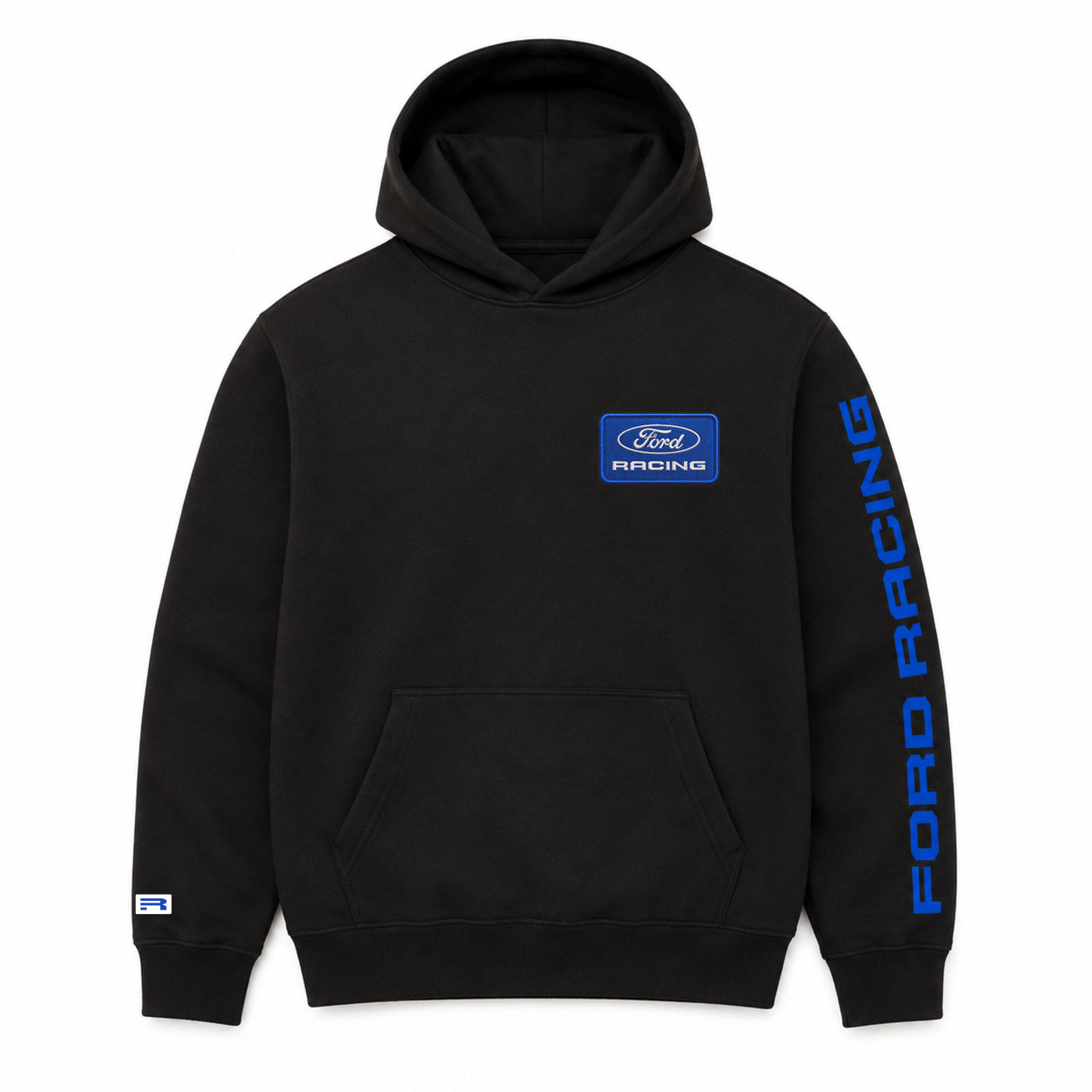 A black pullover hoodie featuring a blue Ford Racing logo patch on the left chest and 'FORD RACING' printed vertically in blue on the right sleeve, shown against a plain white background.