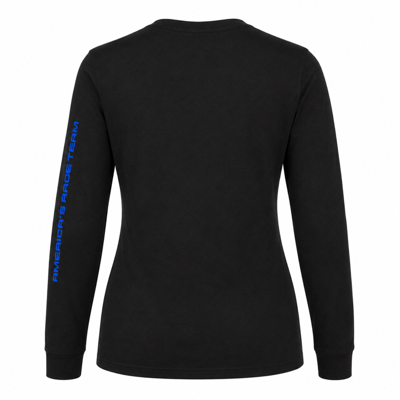 A black long-sleeve t-shirt shown from the back, featuring vertical blue text on the left sleeve that reads 'AMERICA'S RACE TEAM'.