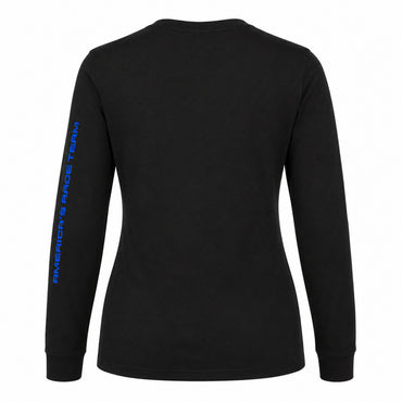 A black long-sleeve t-shirt shown from the back, featuring vertical blue text on the left sleeve that reads 'AMERICA'S RACE TEAM'.