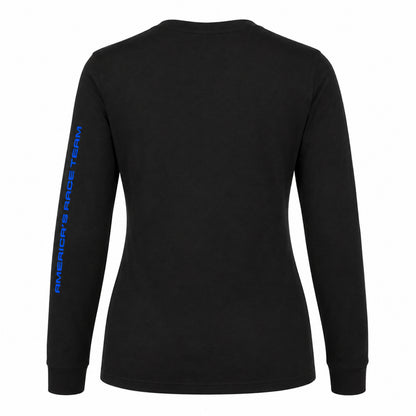 A black long-sleeve t-shirt shown from the back, featuring vertical blue text on the left sleeve that reads 'AMERICA'S RACE TEAM'.