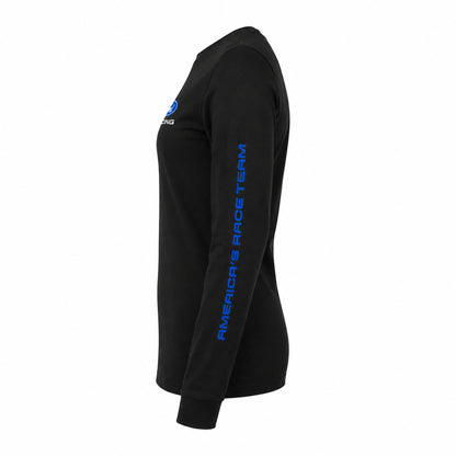 A black long-sleeve t-shirt shown from the side profile on a white background, featuring a blue 'America's Race Team' logo printed vertically down the right sleeve and a matching blue chest logo.