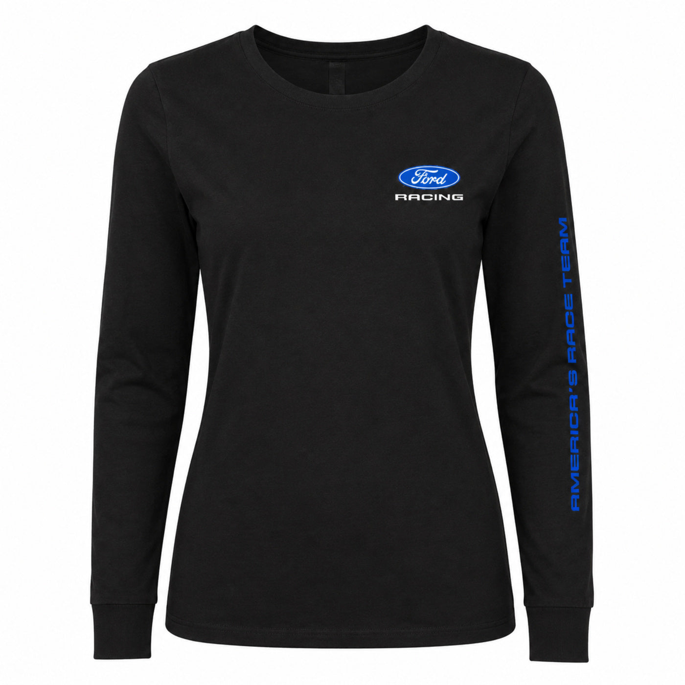 A black long-sleeve crewneck shirt featuring a blue and white Ford Racing logo on the left chest and 'AMERICA'S RACE TEAM' printed vertically in blue down the right sleeve, shown against a plain white background.