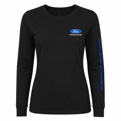 A black long-sleeve crewneck shirt featuring a blue and white Ford Racing logo on the left chest and 'AMERICA'S RACE TEAM' printed vertically in blue down the right sleeve, shown against a plain white background.