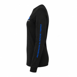 A black long-sleeve t-shirt shown from the side profile on a white background, featuring a blue 'America's Race Team' logo printed vertically down the right sleeve and a matching blue chest logo.