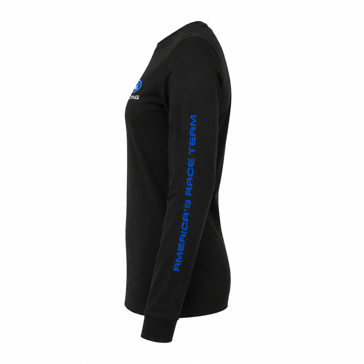 A black long-sleeve t-shirt shown from the side profile on a white background, featuring a blue 'America's Race Team' logo printed vertically down the right sleeve and a matching blue chest logo.