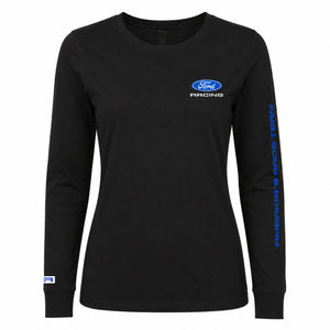 A black long-sleeve crewneck shirt featuring a blue and white Ford Racing logo on the left chest and 'AMERICA'S RACE TEAM' printed vertically in blue on the right sleeve.