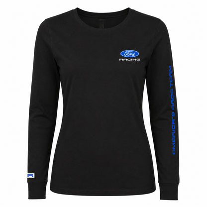 A black long-sleeve crewneck shirt featuring a blue and white Ford Racing logo on the left chest and 'AMERICA'S RACE TEAM' printed vertically in blue on the right sleeve.