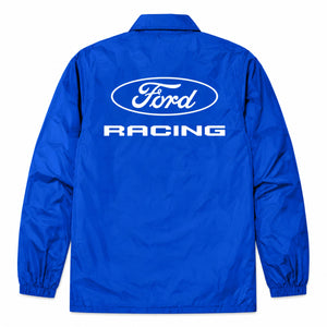 A royal blue windbreaker jacket shown from the back, featuring a large white Ford Racing logo printed across the upper back.