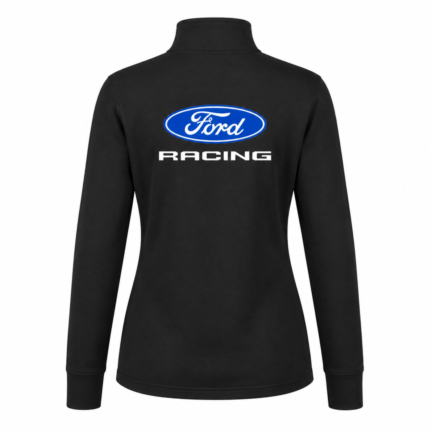 A black long-sleeve mock-neck shirt shown from the back, featuring a blue oval Ford Racing logo and white 'RACING' text printed on the upper back.