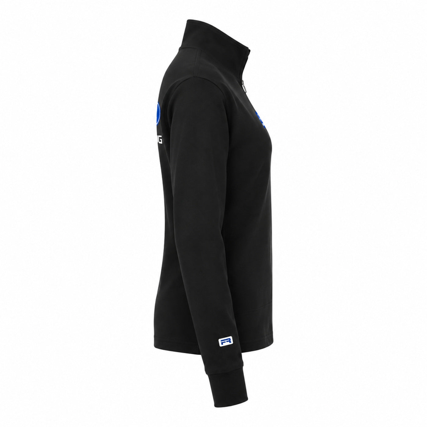 A black long-sleeve quarter-zip athletic top shown from a side profile view on a white background, featuring a small white and blue Fila logo on the sleeve cuff.