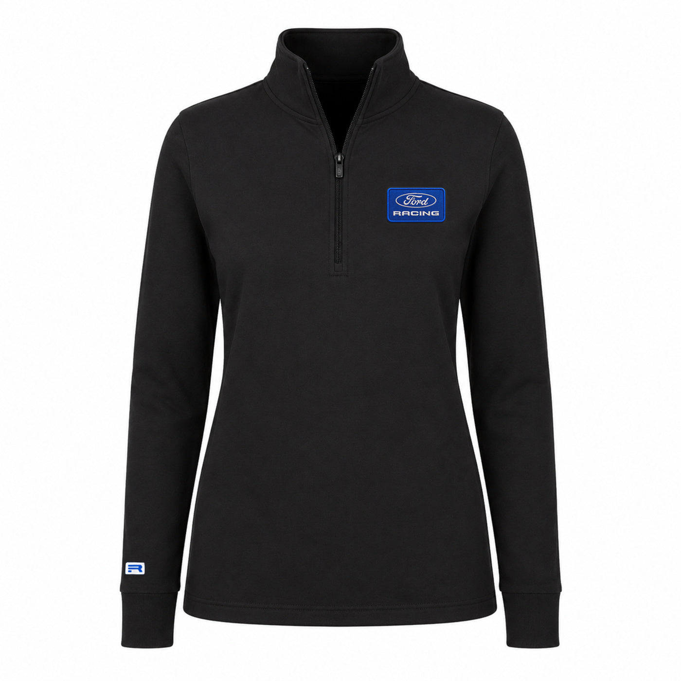 A black long-sleeve quarter-zip pullover with a blue Ford Racing logo patch on the left chest, displayed on a clean white background.