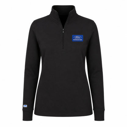 A black long-sleeve quarter-zip pullover with a blue Ford Racing logo patch on the left chest, displayed on a clean white background.