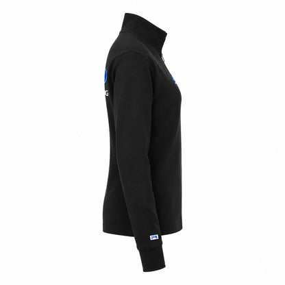 A black long-sleeve quarter-zip athletic top shown from a side profile view on a white background, featuring a small white and blue Fila logo on the sleeve cuff.