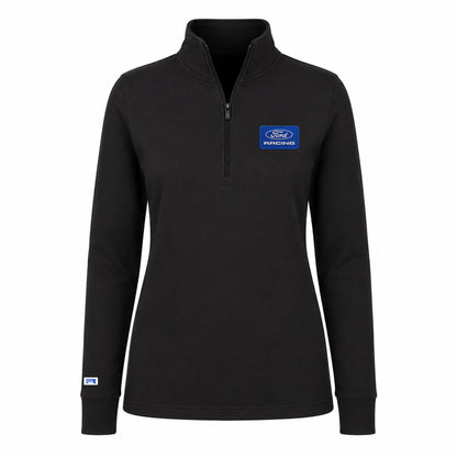 A black long-sleeve quarter-zip pullover with a blue Ford Racing logo patch on the left chest, displayed on a clean white background.