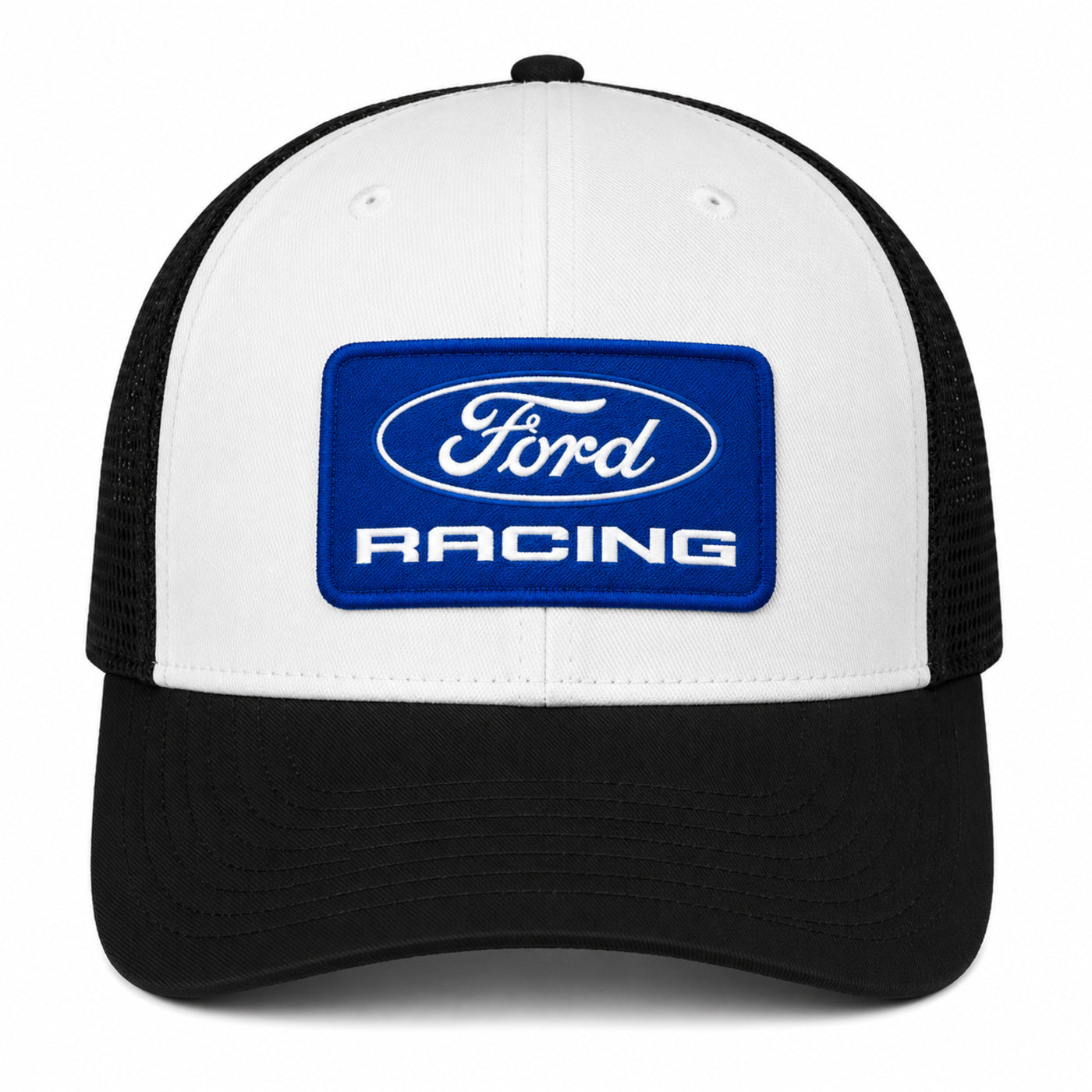 A black and white Ford Racing trucker hat with a white front panel, black mesh back, and a blue embroidered patch featuring the Ford logo and 'RACING' text.