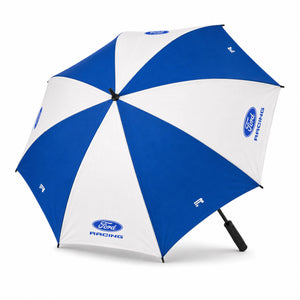 A blue and white golf umbrella with Ford Racing logos printed on the canopy, shown open on a white background.