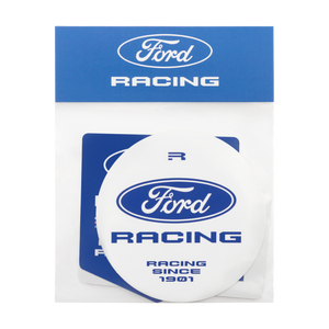 A white oval Ford Racing sticker with blue lettering, shown inside a clear plastic sleeve with blue header packaging. The packaging features the Ford Racing logo at the top.