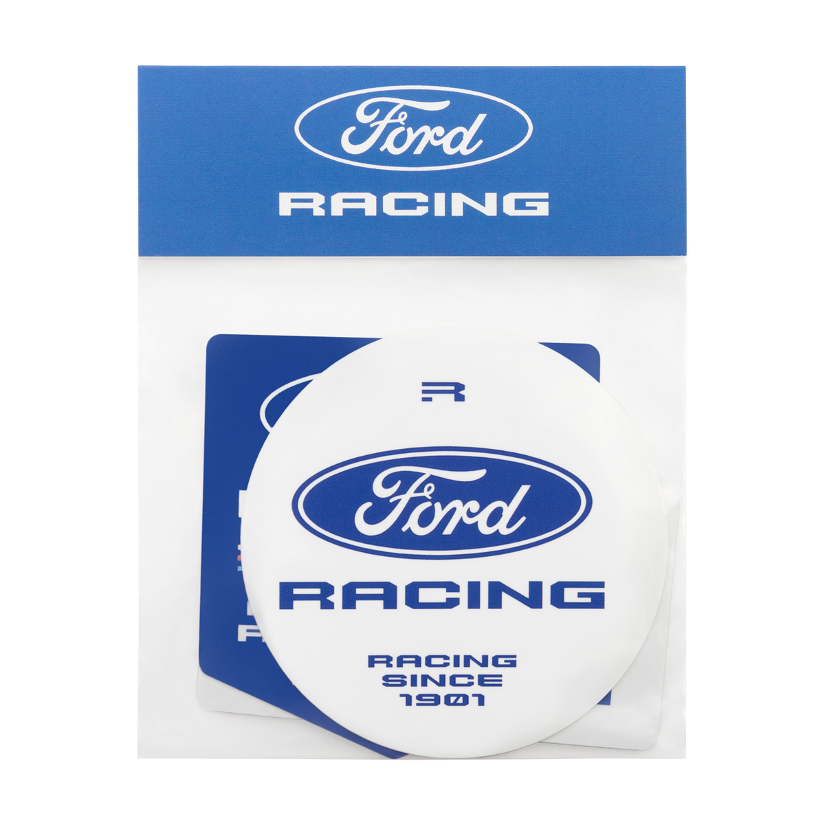 A white oval Ford Racing sticker with blue lettering, shown inside a clear plastic sleeve with blue header packaging. The packaging features the Ford Racing logo at the top.