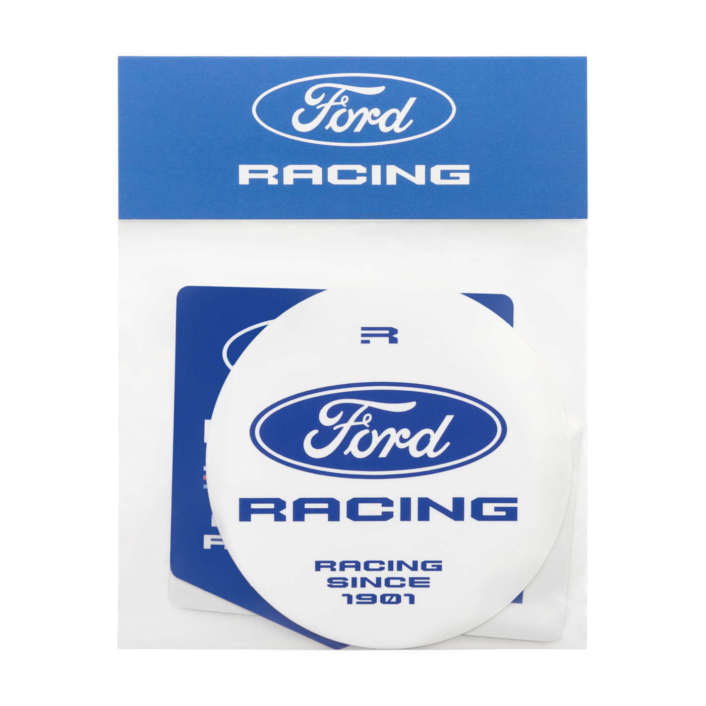 A white oval Ford Racing sticker with blue lettering, shown inside a clear plastic sleeve with blue header packaging. The packaging features the Ford Racing logo at the top.