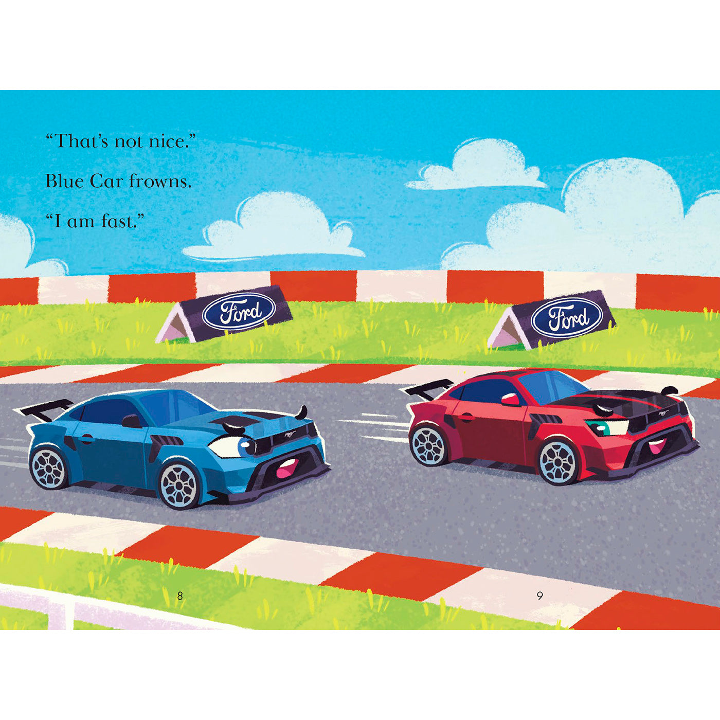 A children's book illustration shows two sports cars on a racetrack with text reading, "That's not nice." and "Blue Car frowns.