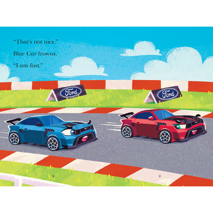 A children's book illustration shows two sports cars on a racetrack with text reading, "That's not nice." and "Blue Car frowns.