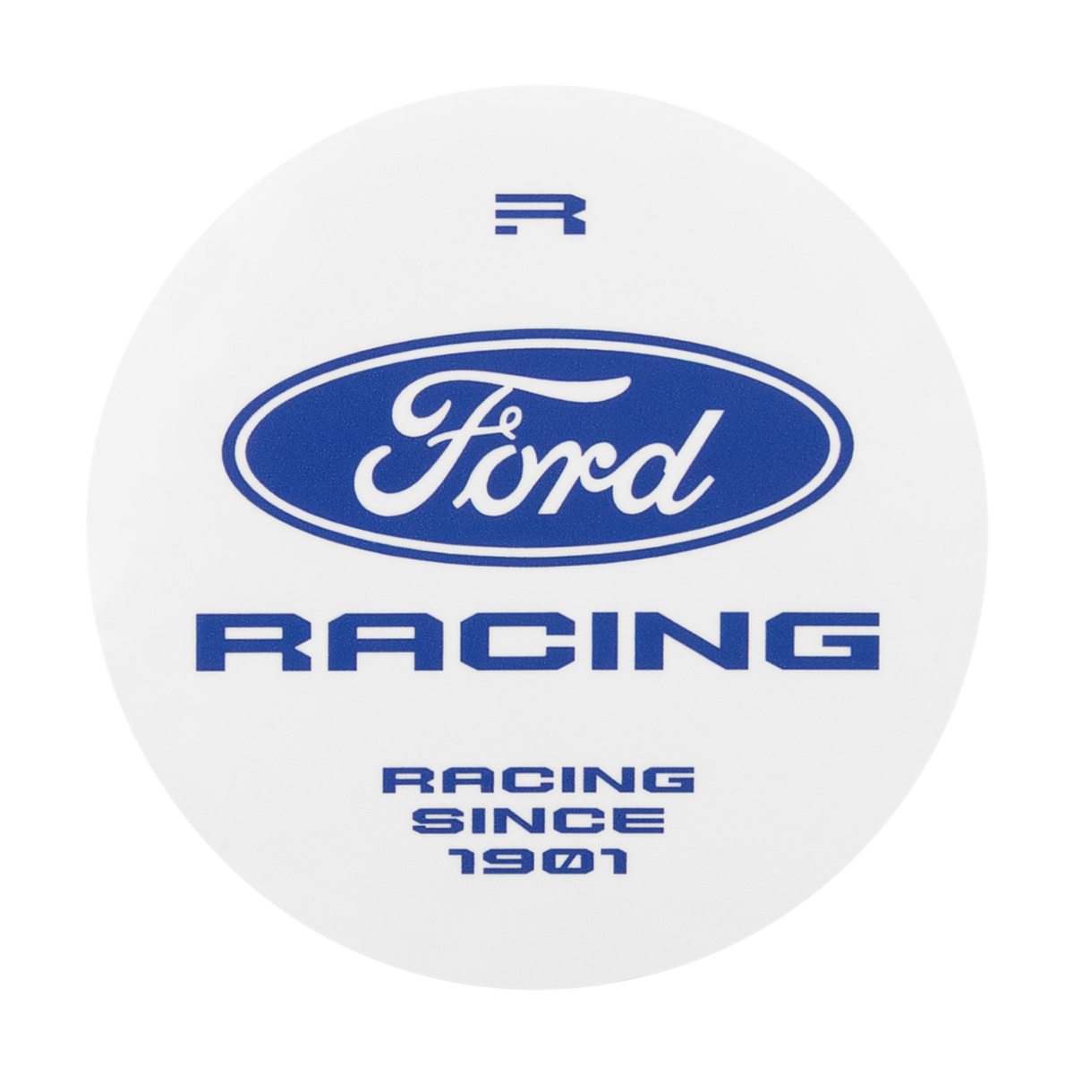 A circular white sticker or decal featuring the blue Ford Racing logo and the text 'RACING SINCE 1901' in blue on a white background.