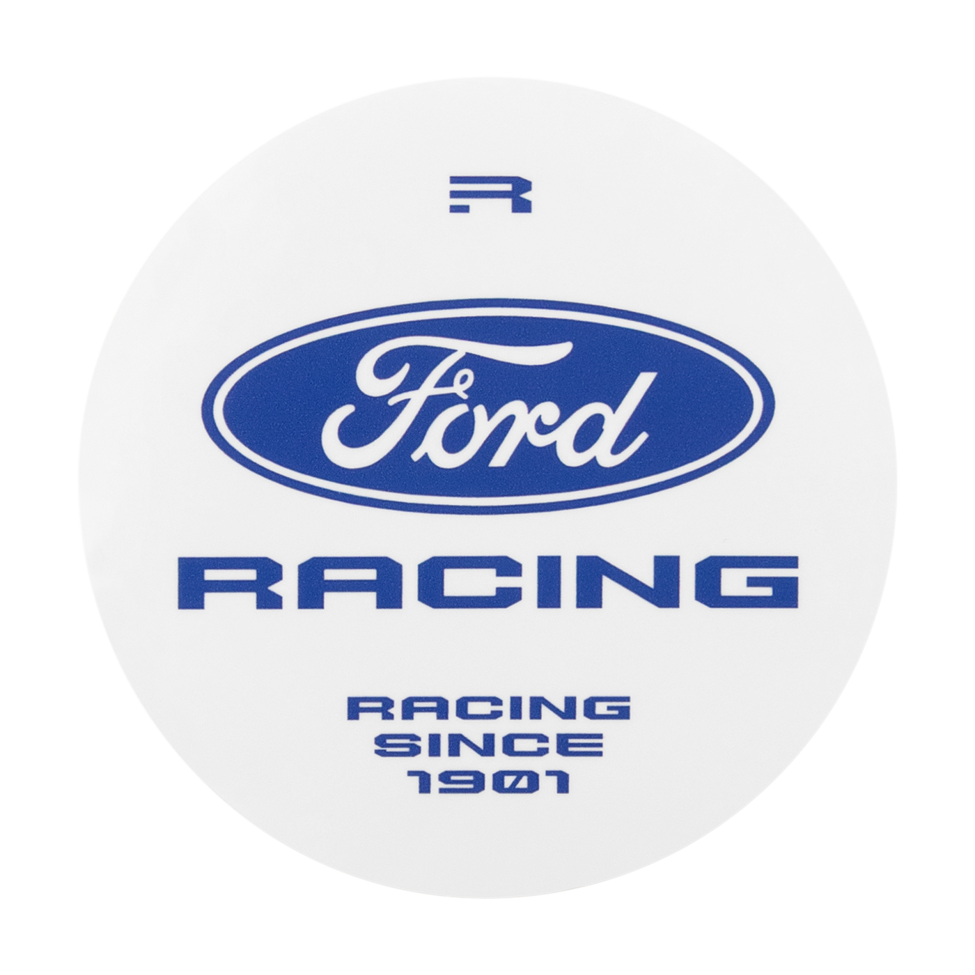 A circular white sticker or decal featuring the blue Ford Racing logo and the text 'RACING SINCE 1901' in blue on a white background.