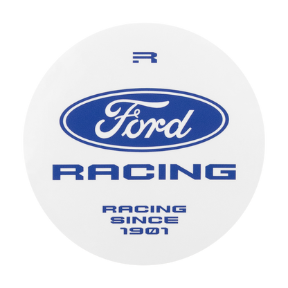A circular white sticker or decal featuring the blue Ford Racing logo and the text 'RACING SINCE 1901' in blue on a white background.