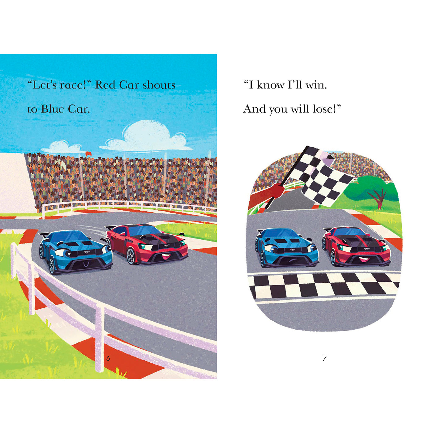 Two illustrated book pages showing a children's race scene with two sports cars on a track, a grandstand, and a checkered finish line. The left page includes the text, "Let's race! Red Car shouts to Blue Car.