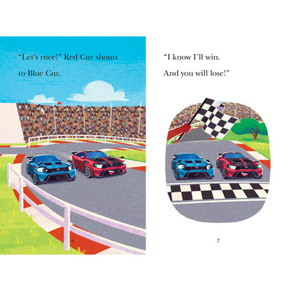 Two illustrated book pages showing a children's race scene with two sports cars on a track, a grandstand, and a checkered finish line. The left page includes the text, "Let's race! Red Car shouts to Blue Car.