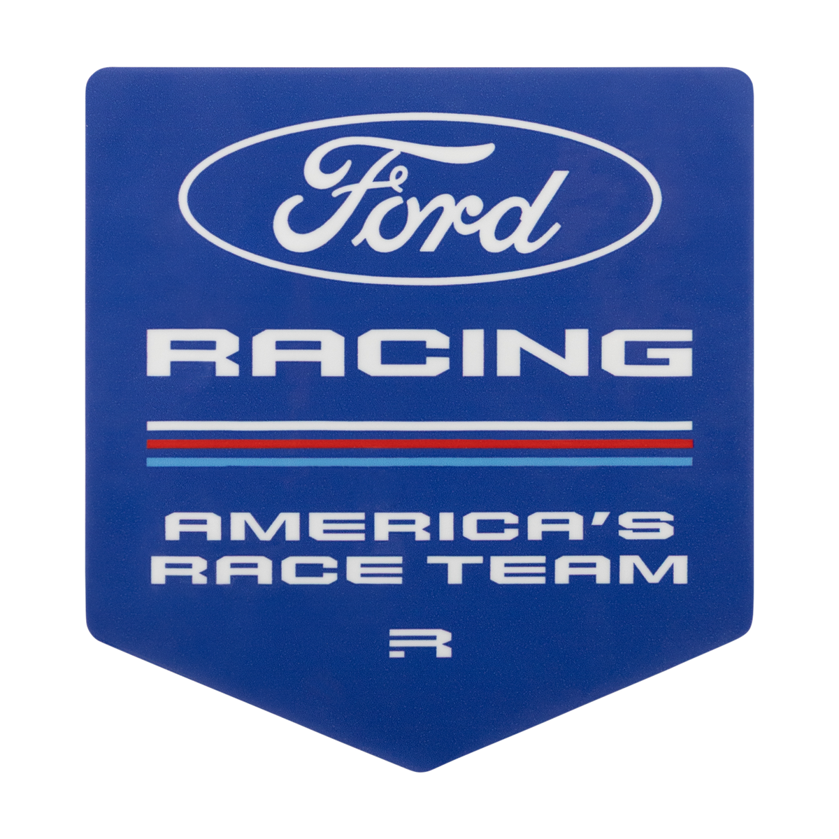 A blue shield-shaped Ford Racing America's Race Team graphic with white lettering and thin red and blue stripes on a white background.