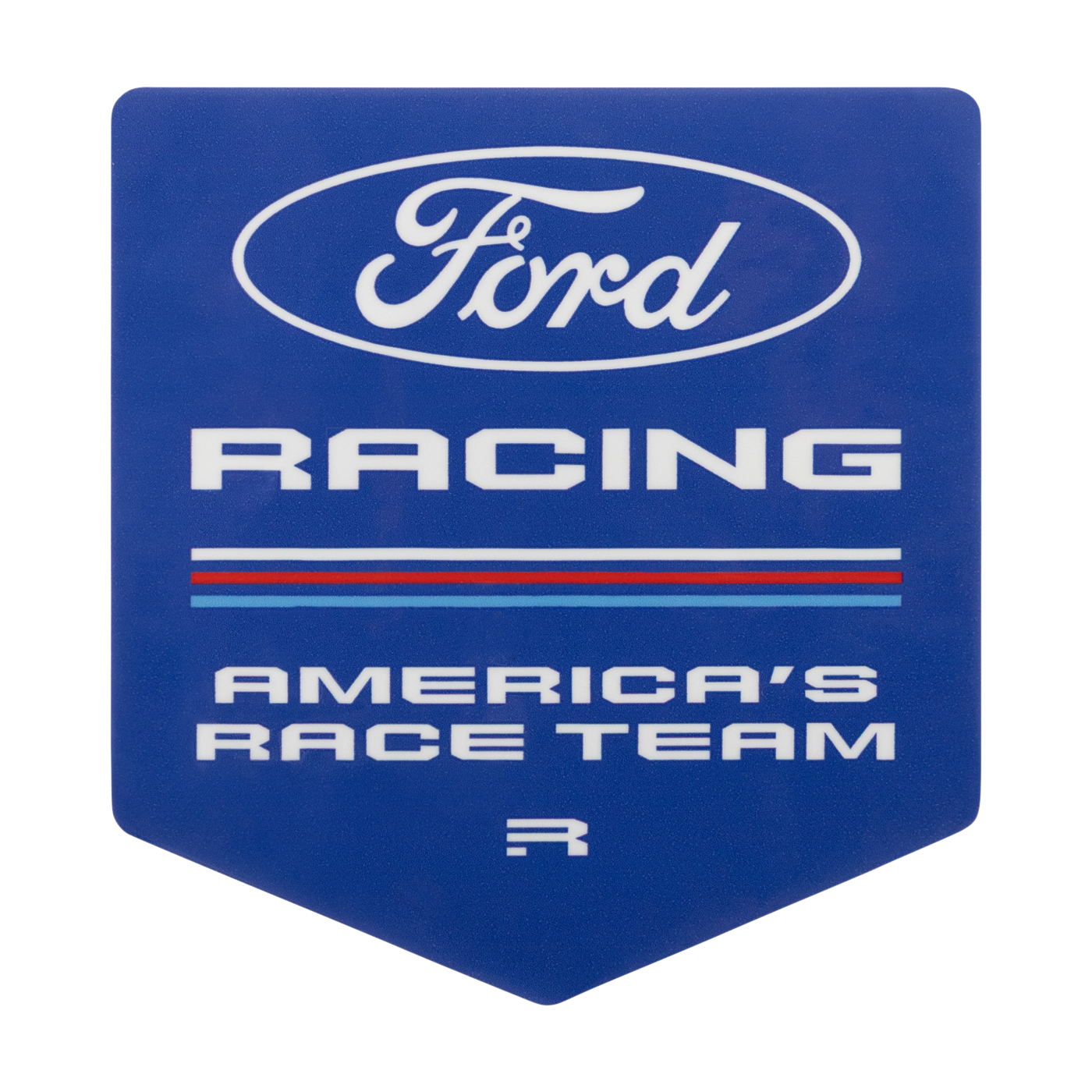 A blue shield-shaped Ford Racing America's Race Team graphic with white lettering and thin red and blue stripes on a white background.