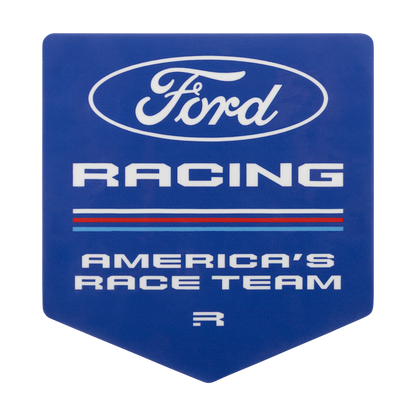 A blue shield-shaped Ford Racing America's Race Team graphic with white lettering and thin red and blue stripes on a white background.