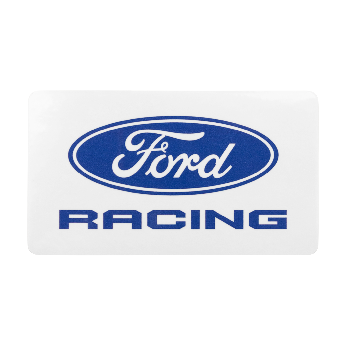 A rectangular white sticker or decal featuring the blue and white Ford Racing logo and wordmark on a plain white background.