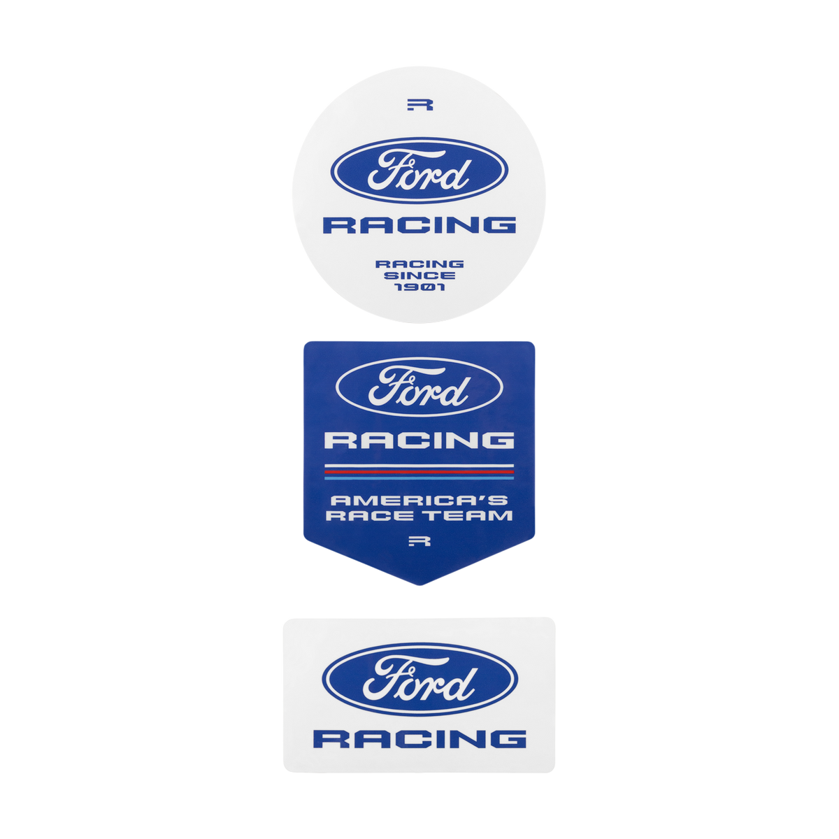 Three Ford Racing decals or sticker designs arranged vertically on a plain white background: a round white sticker at the top, a blue shield-shaped sticker in the middle reading 'Ford Racing America's Race Team,' and a white rectangular sticker at the bottom with the Ford oval logo and 'Racing.'.