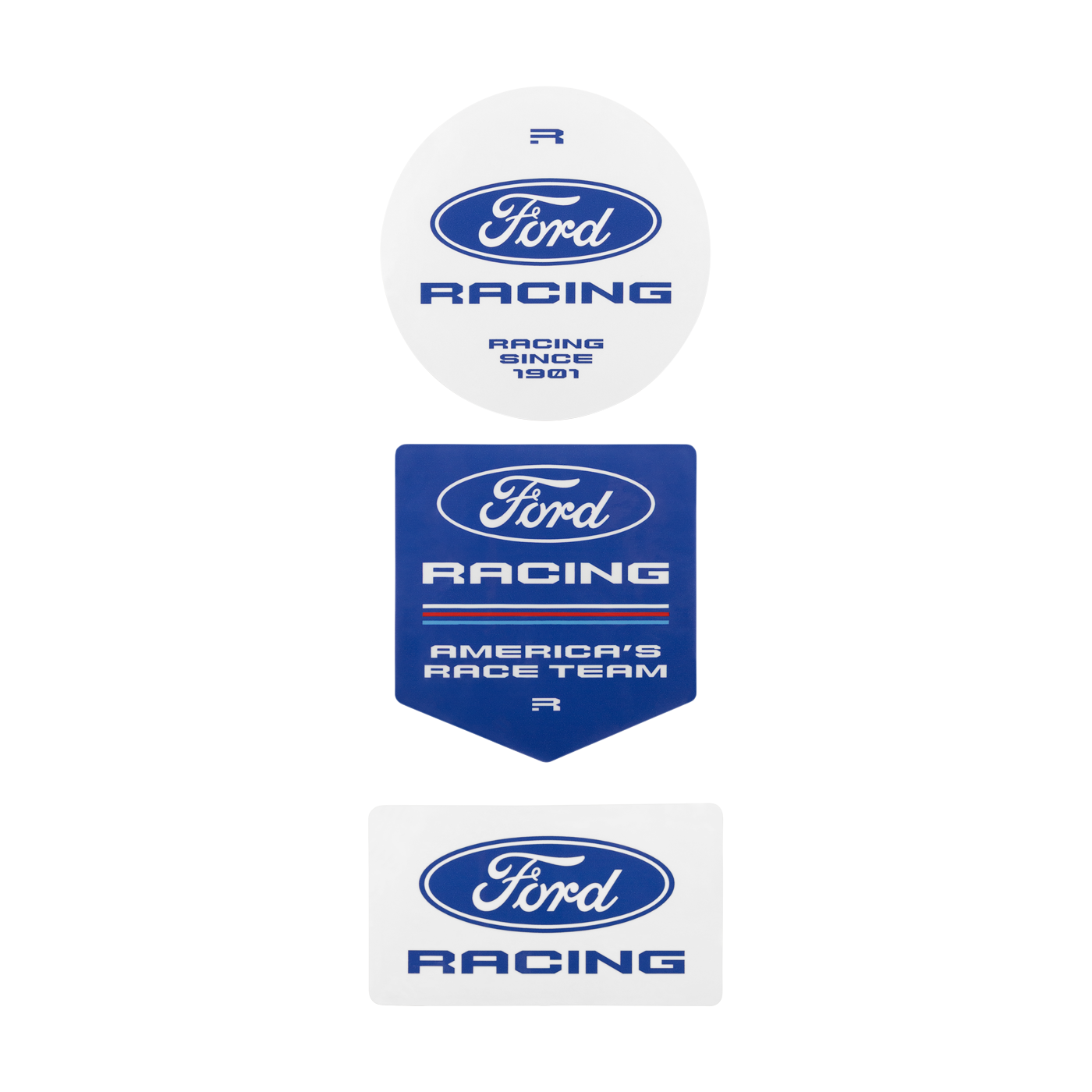 Three Ford Racing decals or sticker designs arranged vertically on a plain white background: a round white sticker at the top, a blue shield-shaped sticker in the middle reading 'Ford Racing America's Race Team,' and a white rectangular sticker at the bottom with the Ford oval logo and 'Racing.'.