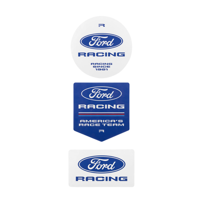 Three Ford Racing decals or sticker designs arranged vertically on a plain white background: a round white sticker at the top, a blue shield-shaped sticker in the middle reading 'Ford Racing America's Race Team,' and a white rectangular sticker at the bottom with the Ford oval logo and 'Racing.'.