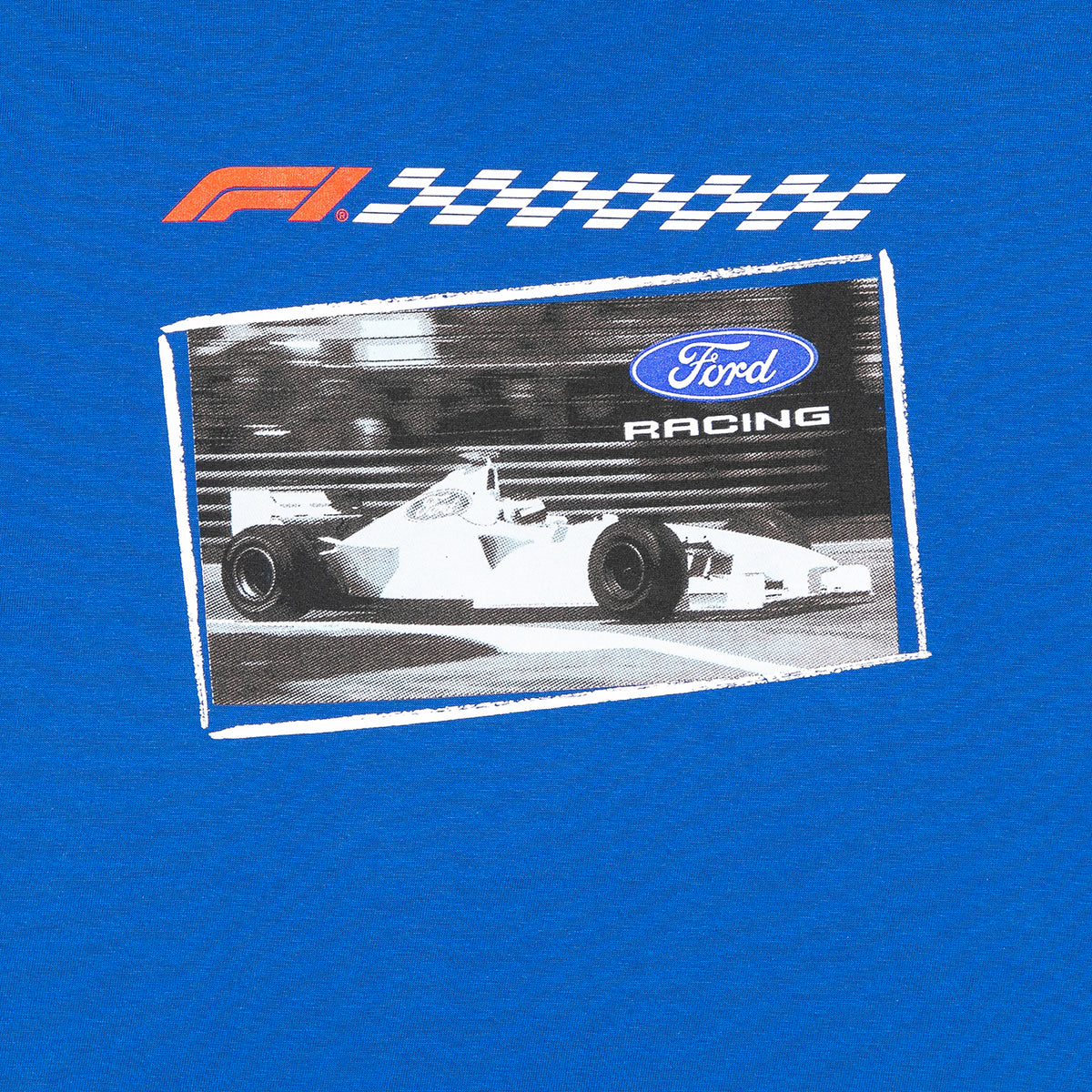 A blue graphic print featuring the F1 World Championship logo in orange and white checkers, with a central tilted photo of a white Ford racing car and a blue Ford Racing logo.