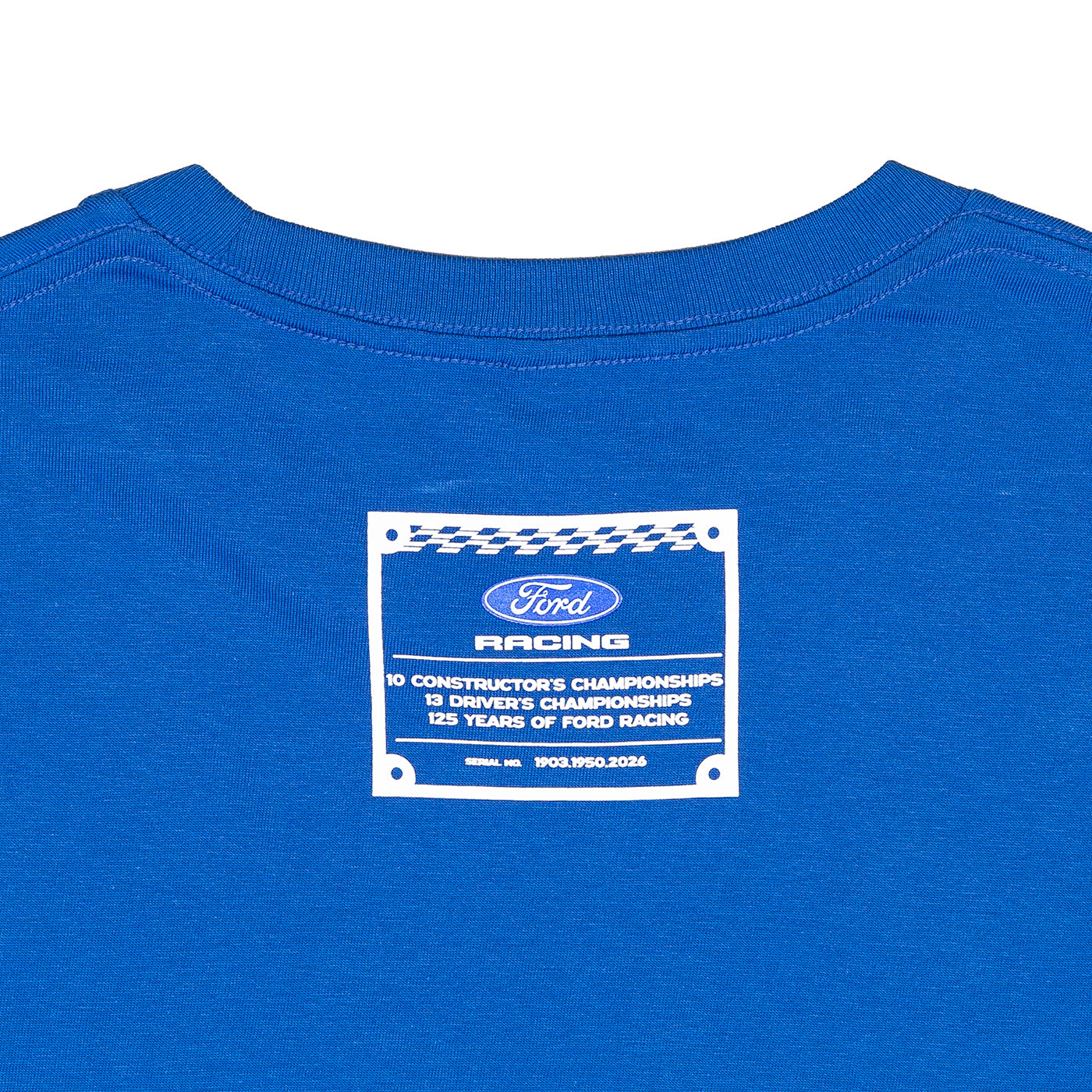 Close-up of the back of a royal blue t-shirt featuring a white and blue Ford Racing graphic patch printed on the center.