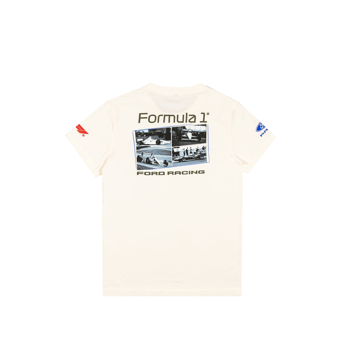 An off-white short-sleeve t-shirt with a 'Formula 1 Ford Racing' graphic on the back, featuring a black and white racing photo collage and small red and blue sleeve accents.