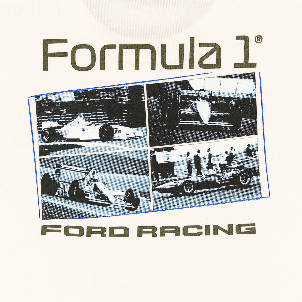 A square graphic print featuring vintage Formula 1 racing imagery, including black-and-white race car photos and the text 'Formula 1' and 'FORD RACING' on an off-white background.