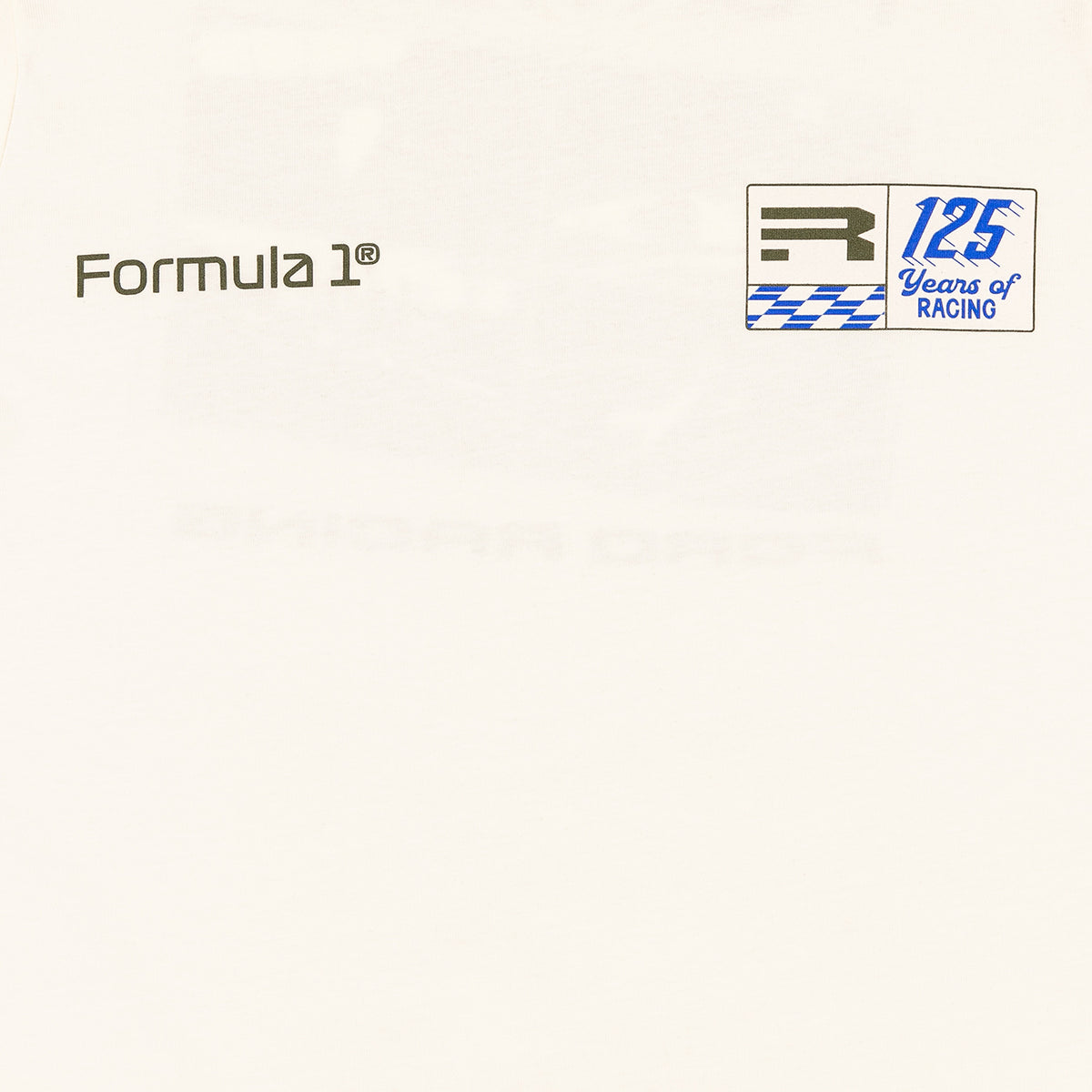 A close-up of a light cream or off-white surface with printed Formula 1 branding. The word 'Formula 1' appears in dark gray on the left, and a square logo on the right shows 'R' and '125 Years of RACING' with blue and white racing flag graphics.