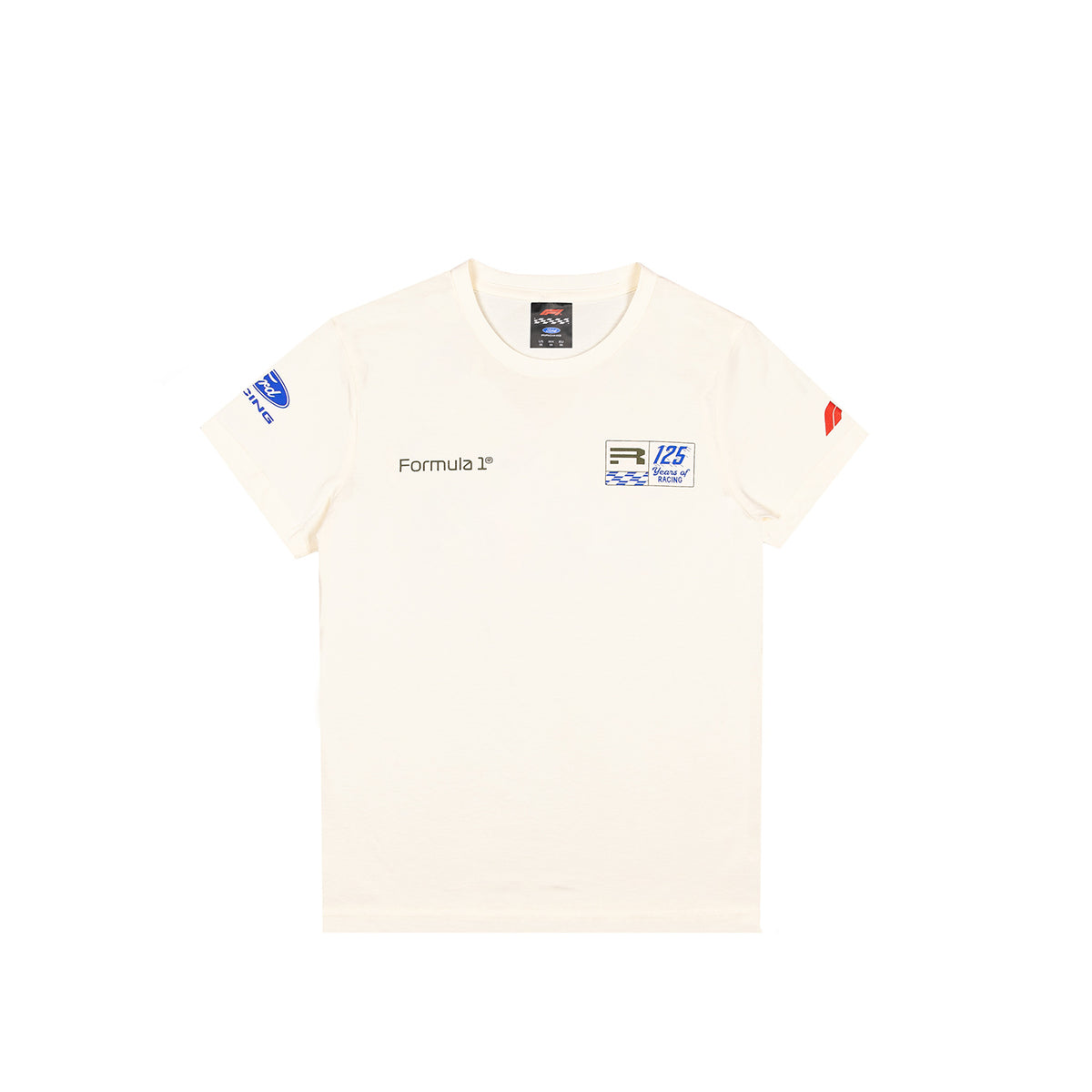 An off-white short-sleeve t-shirt featuring 'Formula 2' text on the left chest and racing graphics on the right chest, with blue and red accents on the sleeves, displayed on a solid white background.